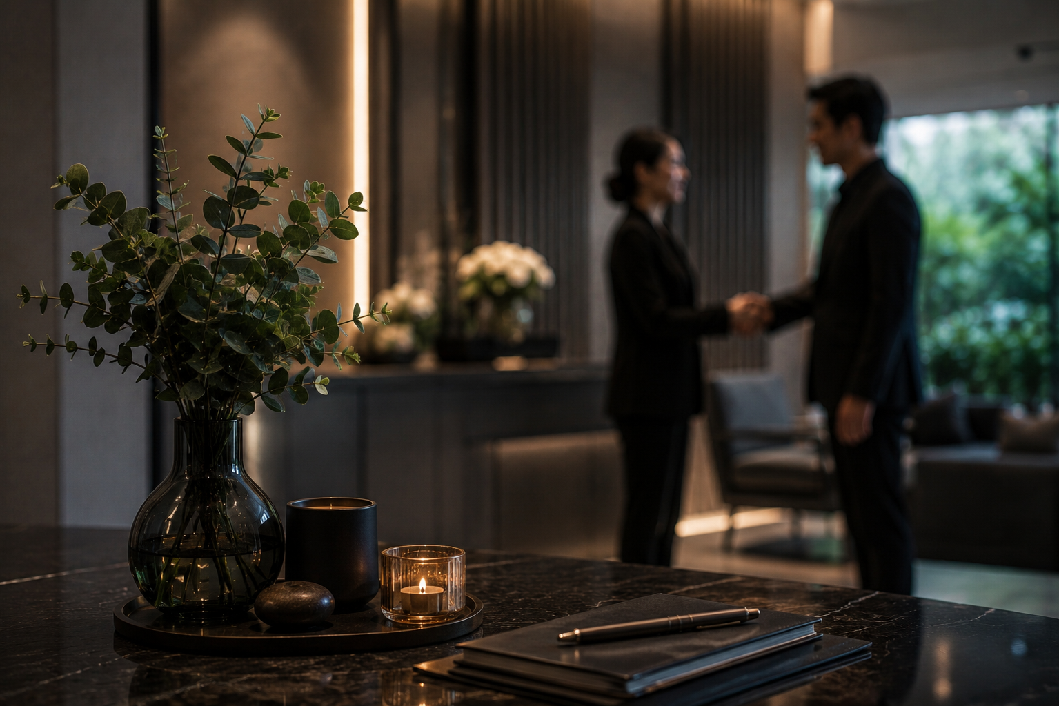Eucalyptus arrangement, a lit candle and a notebook on a marble reception table, with two people shaking hands in the background