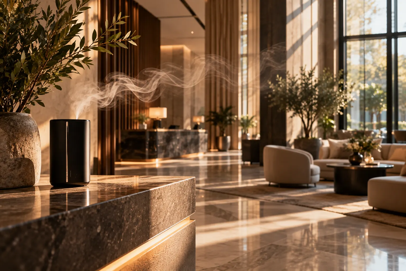 Black commercial scent diffuser releasing a visible mist on a marble counter in a bright hotel lobby