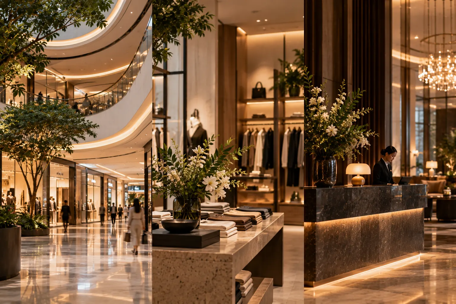 Three views of a shopping mall atrium, a clothing boutique and a hotel reception desk