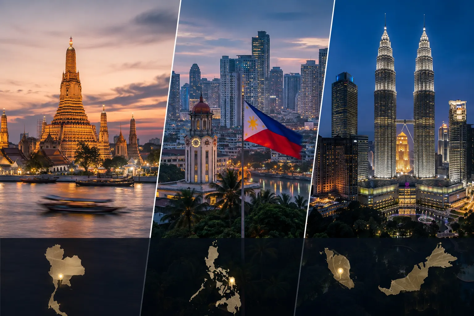 Three-panel view of Bangkok, Manila and Kuala Lumpur at dusk, above outline maps of Thailand, the Philippines and Malaysia