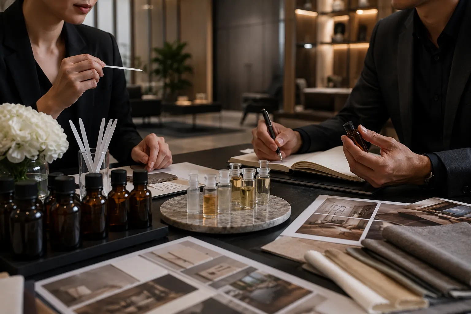 Two people at a dark meeting table reviewing fragrance sample bottles, scent blotter strips and interior material swatches