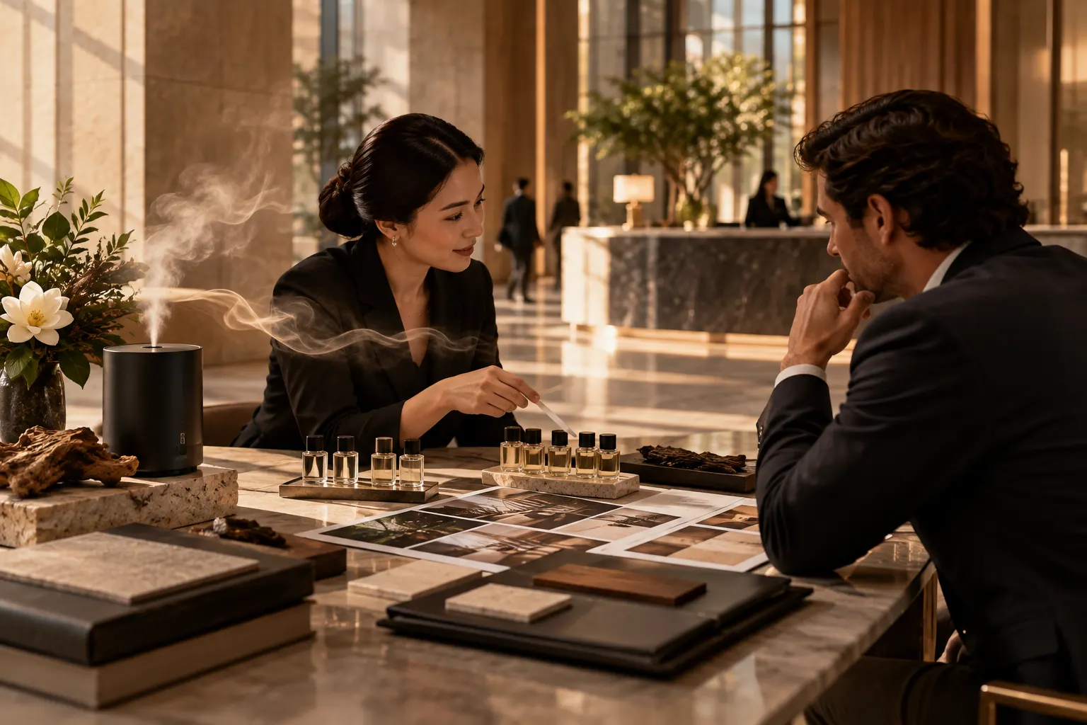 Two people comparing fragrance sample bottles and material swatches at a table in a hotel lobby, with a diffuser releasing mist