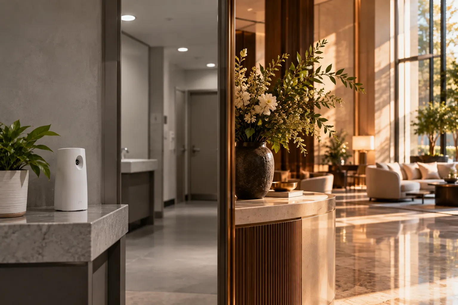 Small white air freshener on a stone counter beside a sunlit hotel lobby with a flower arrangement
